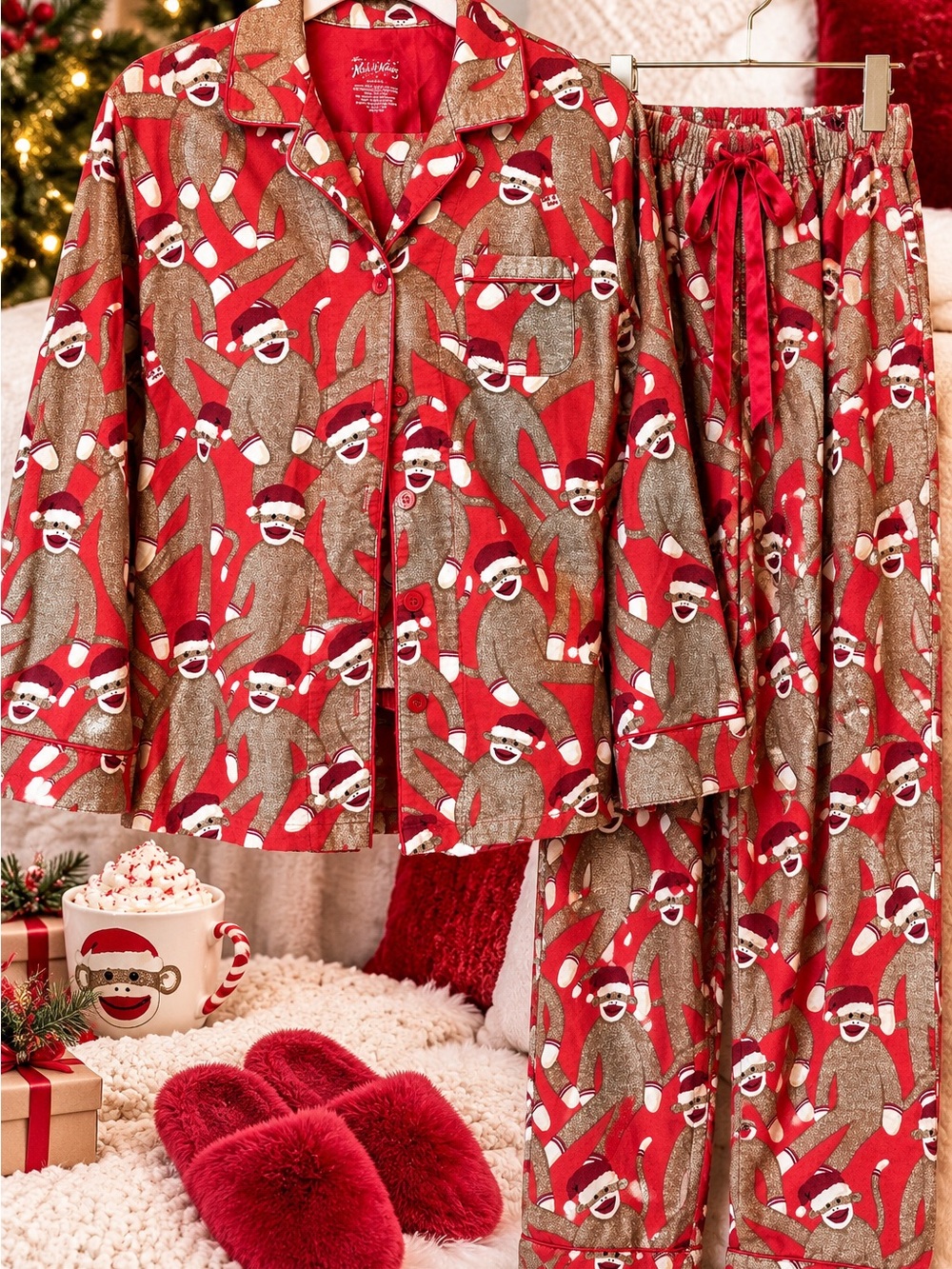 Ladies Red Sock Monkey Holiday Pajama Set SZ M with lots of room!